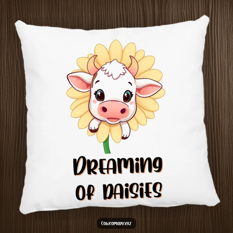 Funny kawaii cow pillow, featuring a curious cow peeking shyly from behind a large daisy, offering comfort and charm.