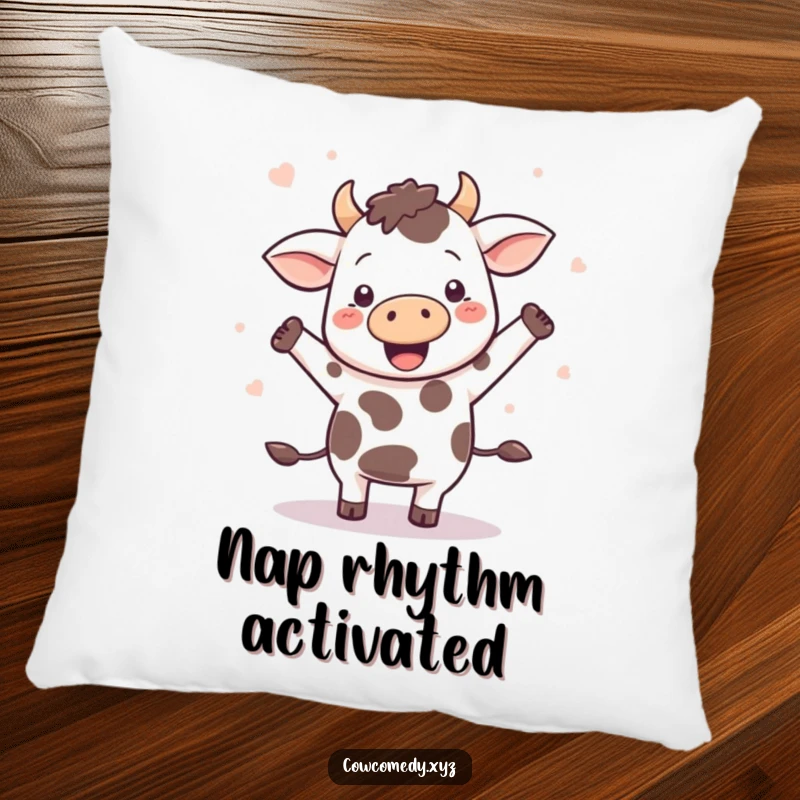 Funny Kawaii cow dancing with exuberance, spots flying, on a soft decorative pillow, cozy vibes.