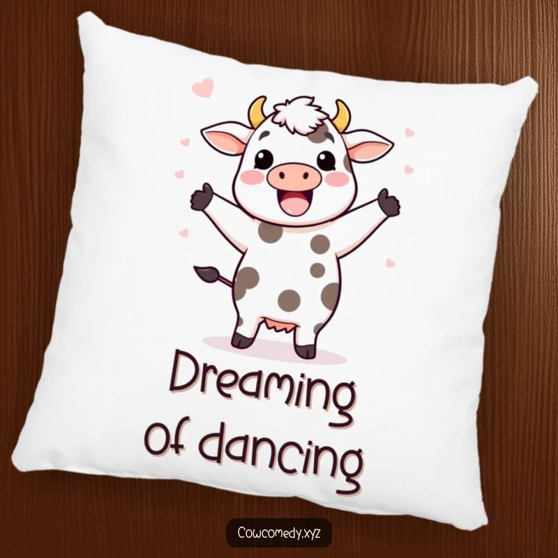 Funny pillow depicting a Kawaii cow in a high-energy happy dance, with its spots flying off in a whimsical, joyful pattern.