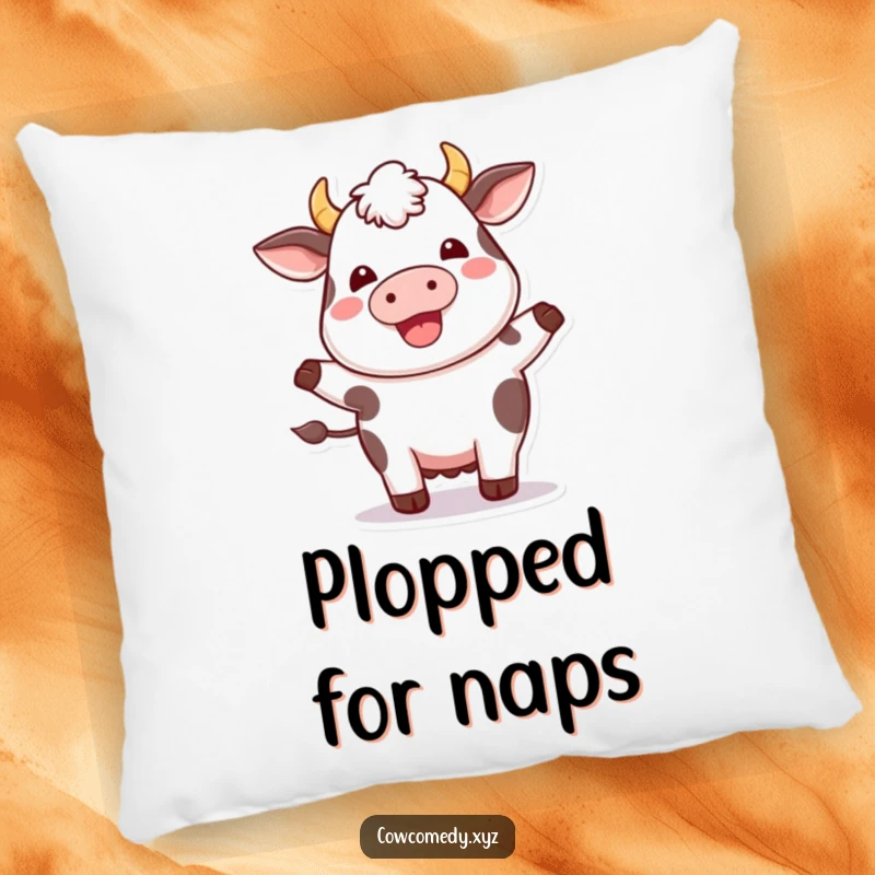 Funny Kawaii Cow Pillow: Soft throw pillow with a plump cow doing a happy hop, bringing comfort and humor.