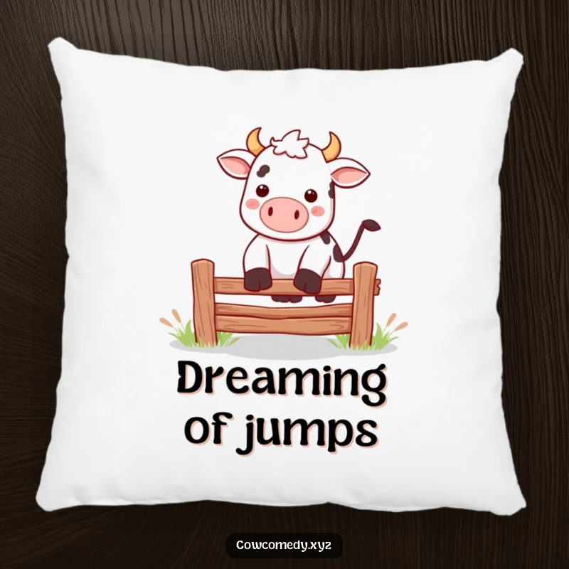 Funny Kawaii cow jumping over a fence pillow, offering plush comfort and energetic humorous appeal.