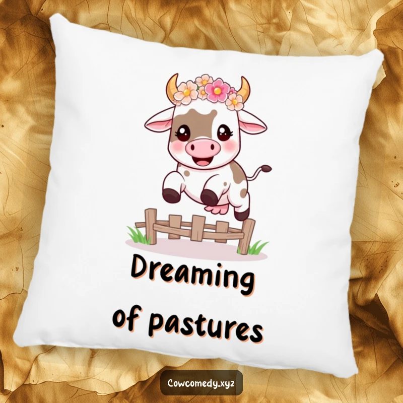 Funny pillow featuring a happy kawaii cow wearing a flower crown, mid-leap over a fence, offering soft humor and joy.