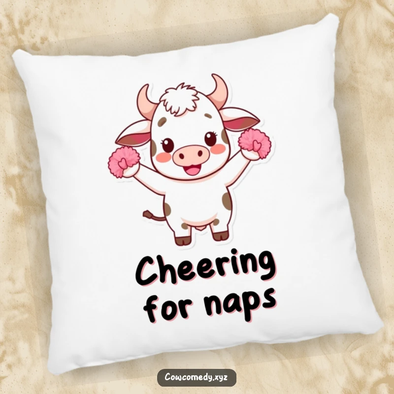 Funny Kawaii Cow Pillow: Soft cushion featuring a cute, cheering Kawaii cow with pom-poms, offering comfort and a spirit-lifting design.