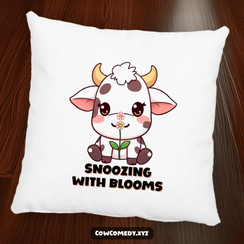 Funny Kawaii cow pillow showing a cute character balancing a small flower on its nose, perfect for a humorous and cozy space.