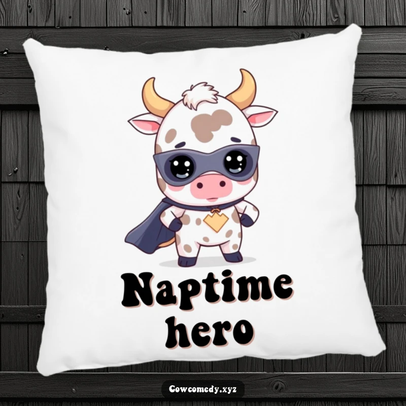 Funny kawaii cow superhero pillow showcasing a cute bovine character in a heroic costume, providing comfort with a touch of playful bravery.