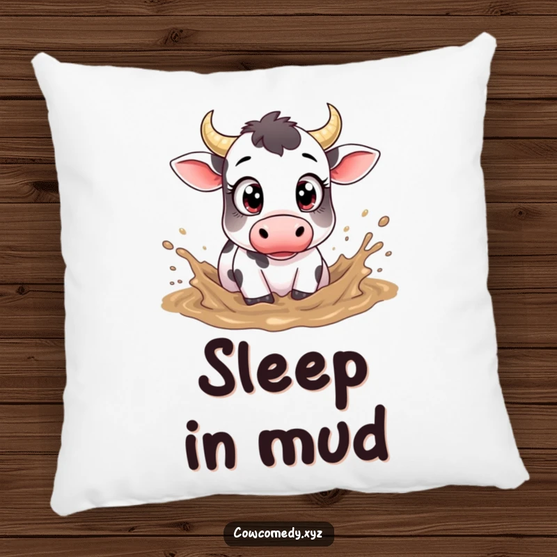 Funny pillow featuring a cow with large, expressive eyes, playfully splashing mud.