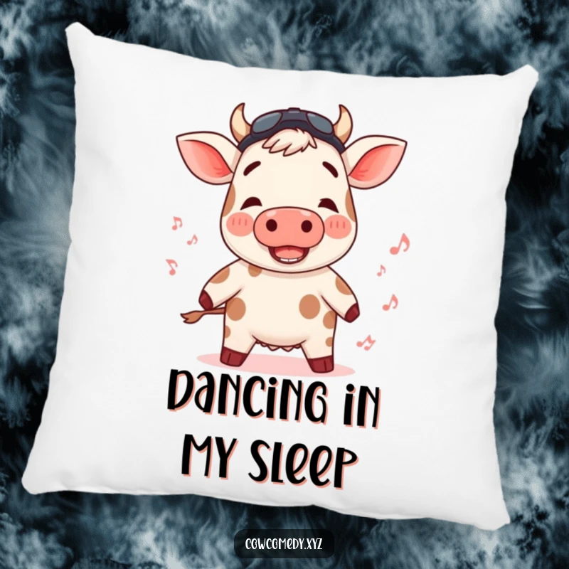 Funny pillow with a cow featuring rosy cheeks, bopping to an unheard rhythm, offering cozy musical vibes.