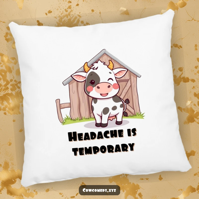 Funny pillow with a design of a cow gently bumping its head against a barn, ideal for cheerful decor.