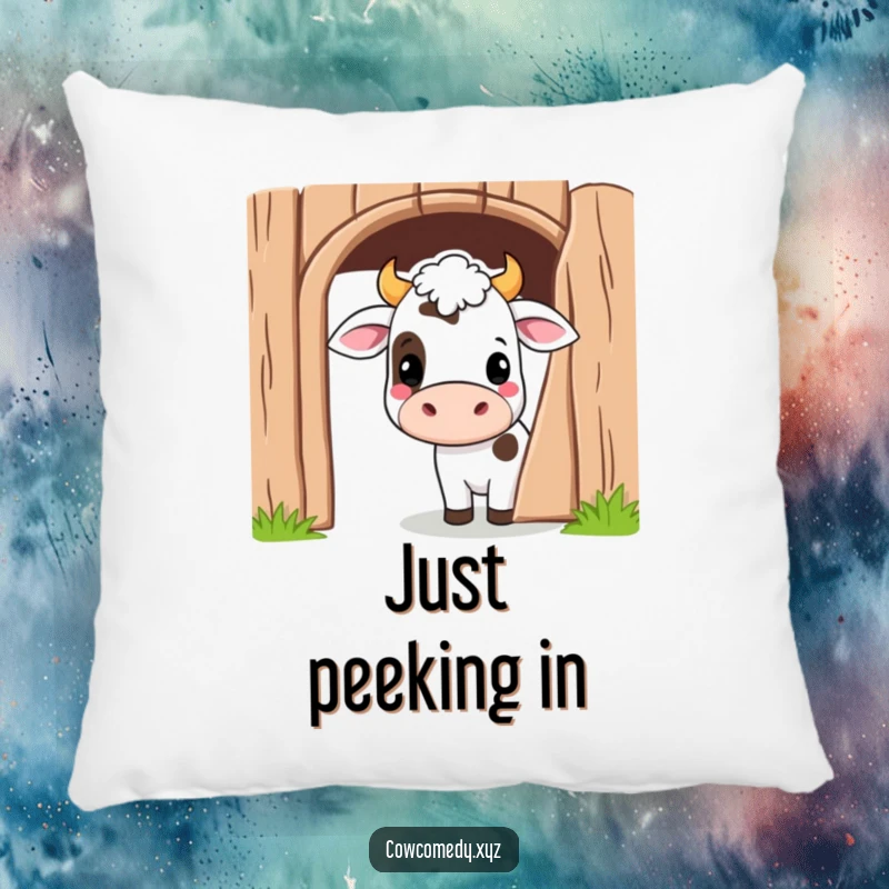 Funny Kawaii Cow Pillow with a cute cartoon cow peeking playfully from behind a barn door, offering soft, playful comfort.