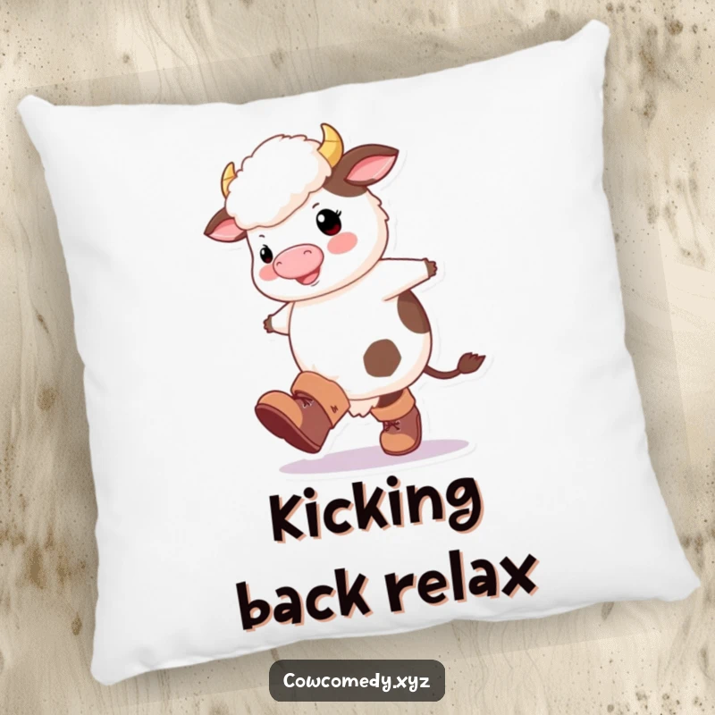 Funny Fluffy Cow Pillow: A soft pillow featuring a fluffy cow in oversized boots happily kicking its legs.