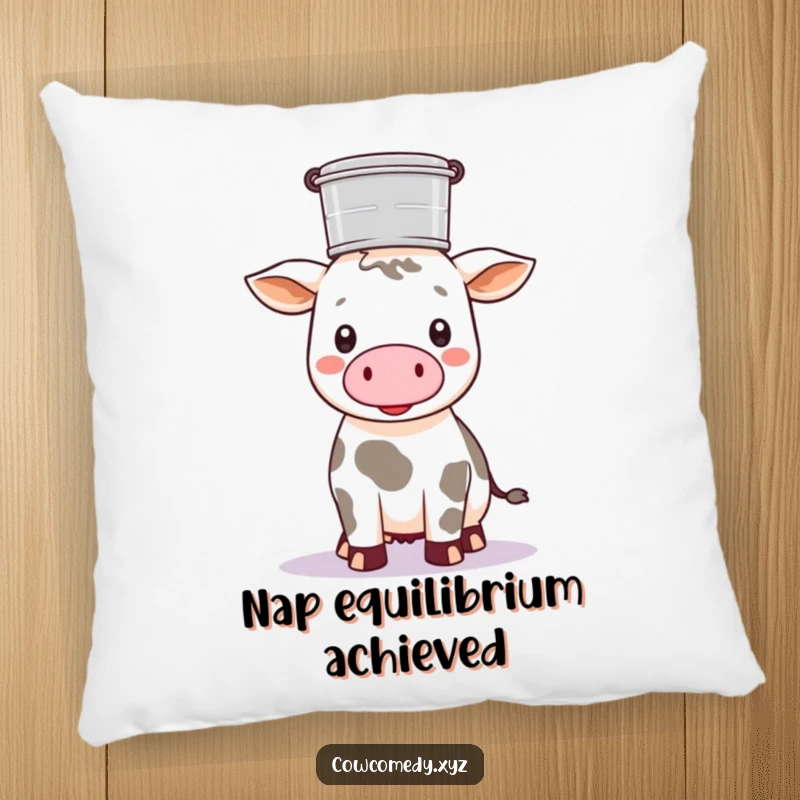 Funny Kawaii cow balancing a milk pail on its head, on a soft decorative pillow, rustic accent.
