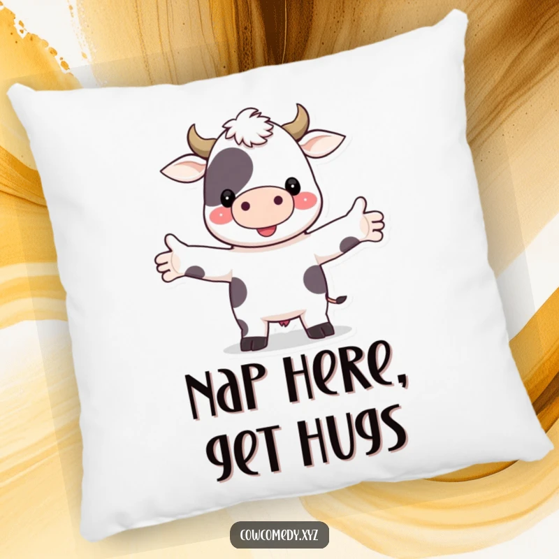 Funny pillow showcasing a sweet cow character with arms extended in a welcoming embrace, perfect for snuggling and comfort.