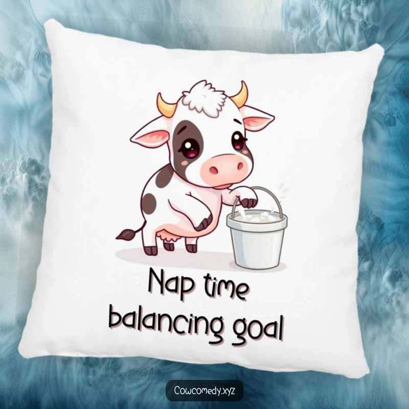 Funny pillow with a design of a cow comically trying to balance a milk bucket, milk spilling, ideal for a humorous accent.