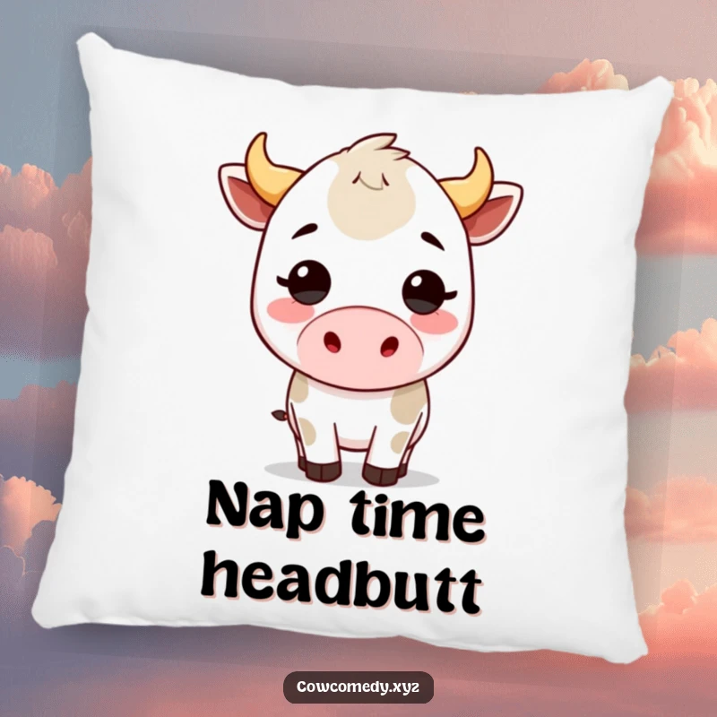 Funny kawaii cow pillow featuring a lovable bovine character playfully headbutting, offering comfort with a humorous twist.