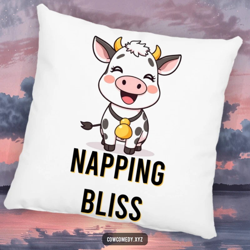 Cow with a bell around its neck wiggles joyfully, making this pillow a cozy and amusing accent.