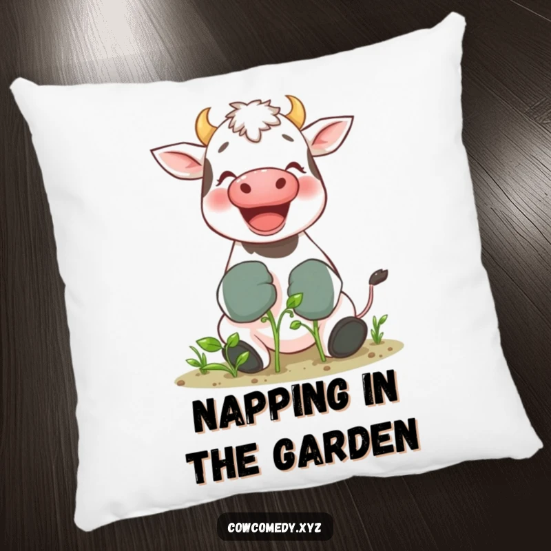 Funny pillow featuring a giggling cow with gardening gloves tending a tiny sprout, offering cozy and humorous garden decor.