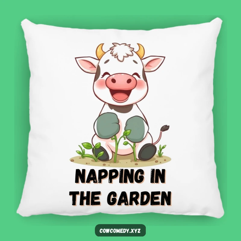 Funny Gardening Cow Pillow: Giggling Bovine in Gloves, Cozy & Humorous Garden Accent