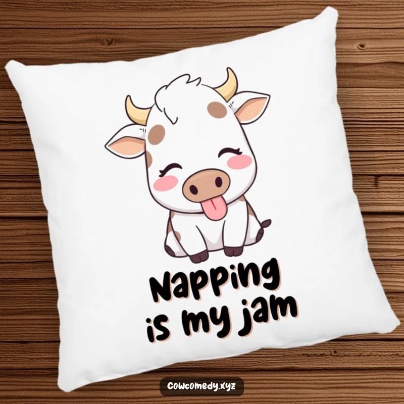 Funny decorative pillow featuring a content cow with eyes closed, happily chewing, embodying peaceful comfort.