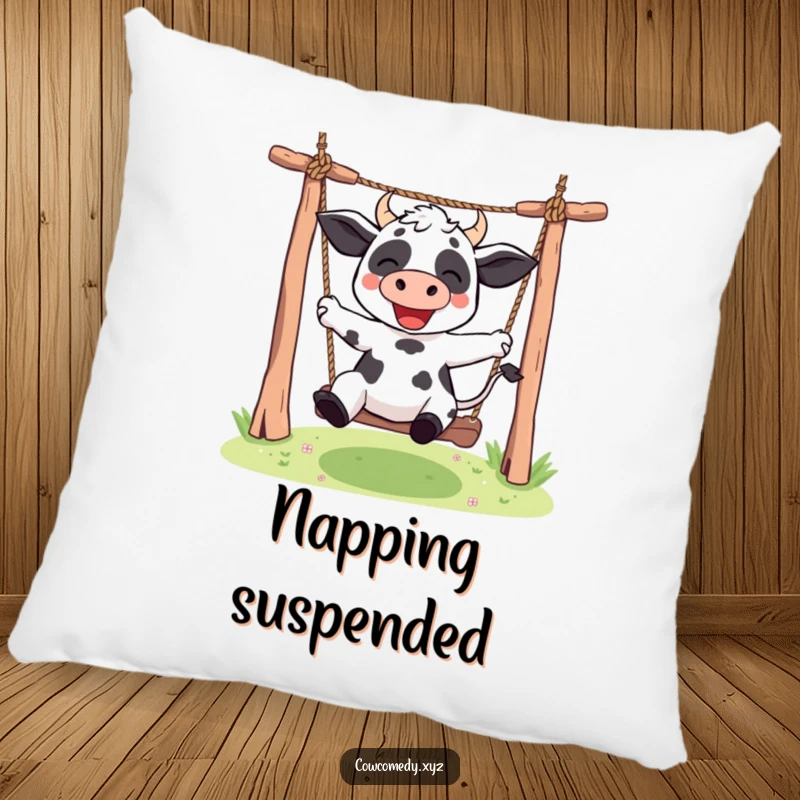 Funny Kawaii cow pillow showing a cute character swinging high on a rope swing, perfect for a humorous and relaxing space.