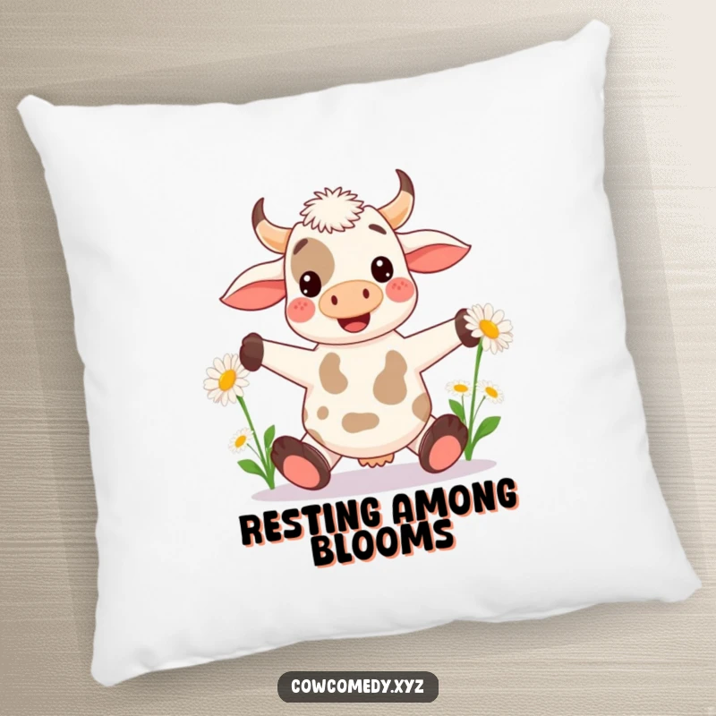 Funny Kawaii Cow Pillow: Soft throw pillow with a cow juggling daisies, bringing comfort and humor.
