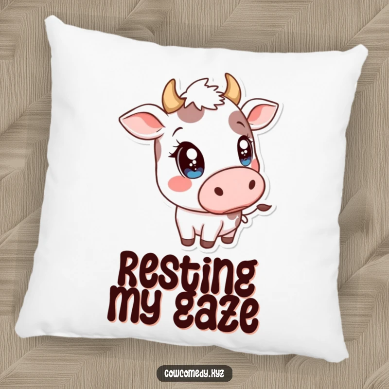 Funny Kawaii Cow Pillow: Soft throw pillow with a cow tilting its head, big sparkly eyes adding humor.
