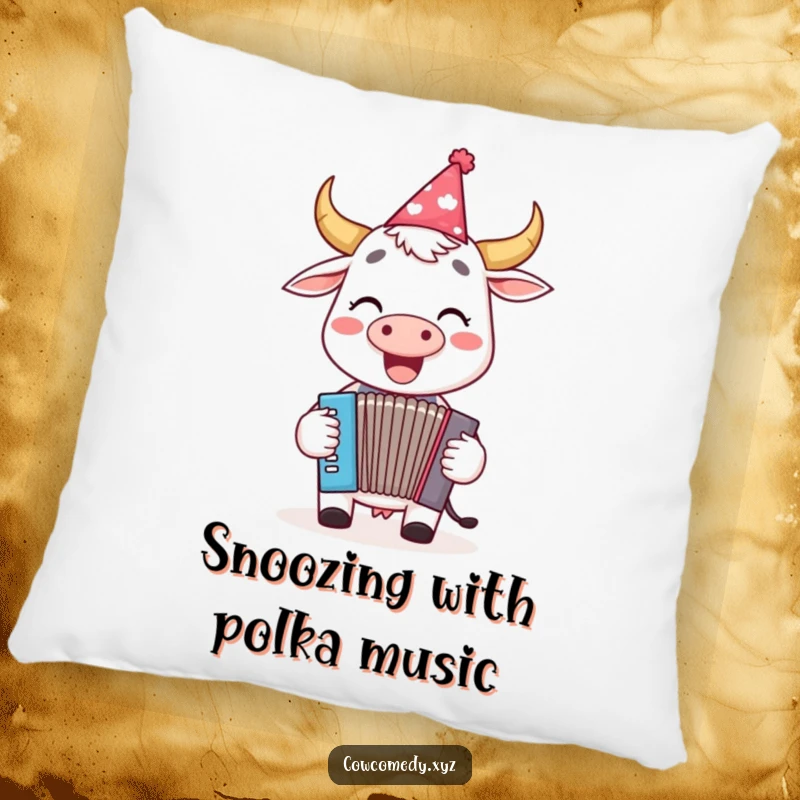 Funny pillow featuring a happy cow in a party hat, joyfully playing a tiny accordion, perfect for festive comfort.