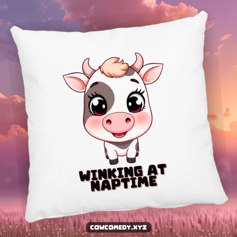 Funny decorative pillow featuring a smiling cow with large, innocent eyes and a sweet wink, embodying cozy charm.