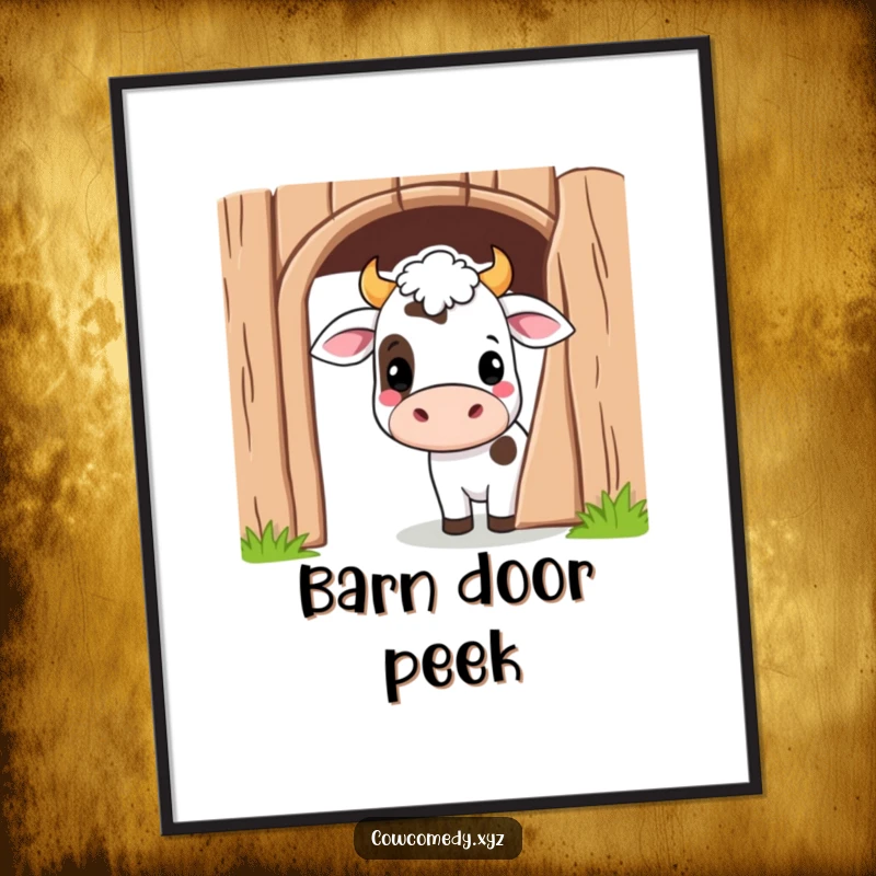 Funny Kawaii Cow Digital Art Print of a cute cartoon cow peeking playfully from behind a barn door, instant playful decor.