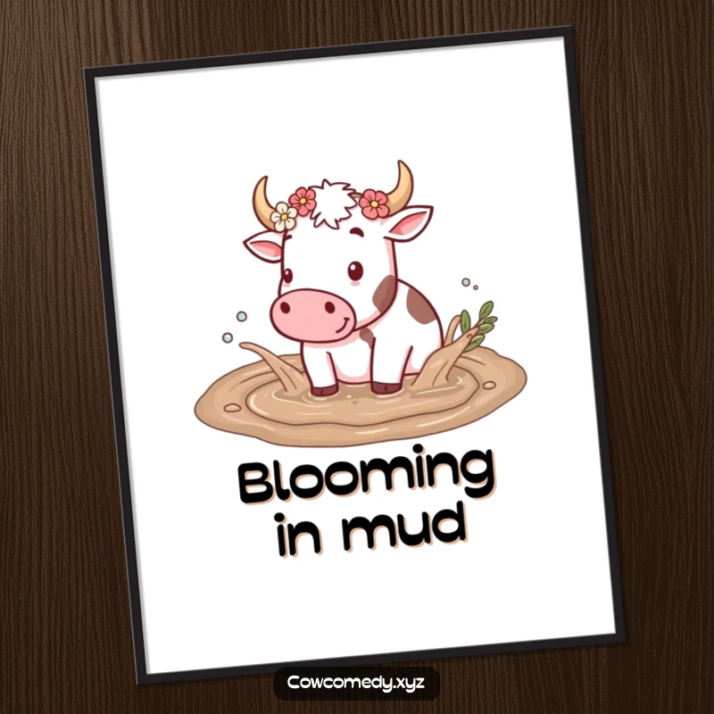Funny digital art print of a cow splashing in a mud puddle with flowers on its horns, ideal for instant, rustic wall decor.
