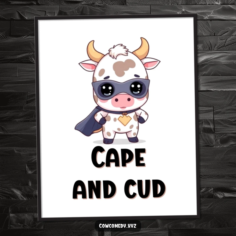 Funny kawaii cow superhero digital art print of a cute bovine character in a heroic pose, perfect for inspiring and cheerful decor.