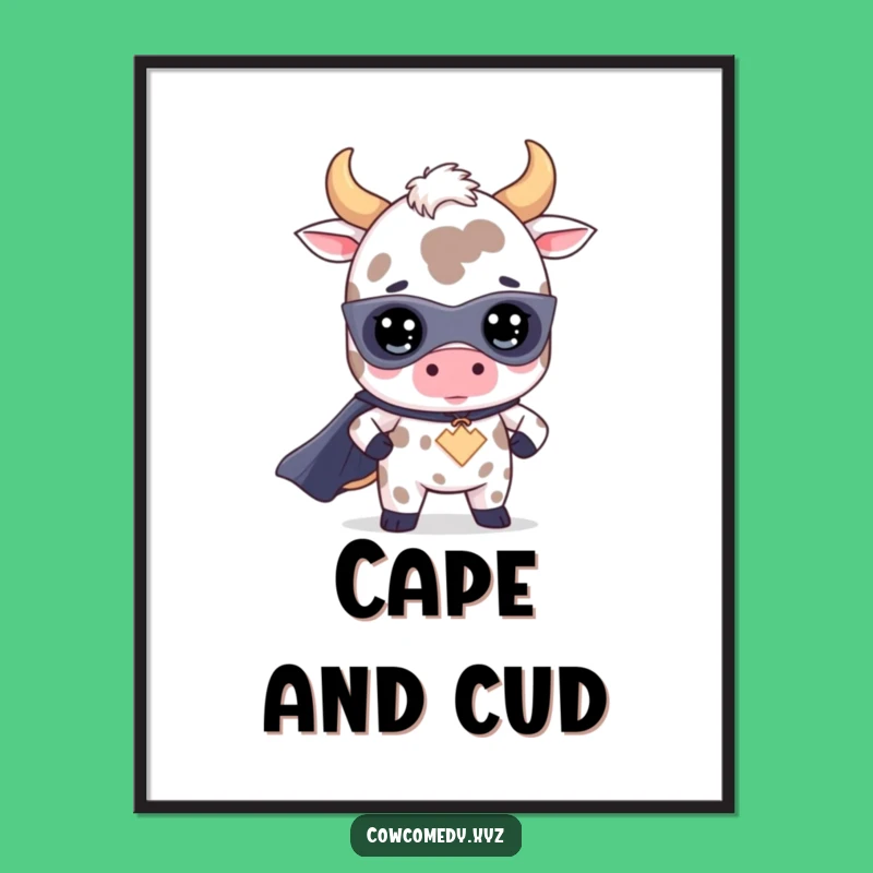 Funny Kawaii Cow Superhero Digital Art: Printable BovineHero for Hilarious Decor