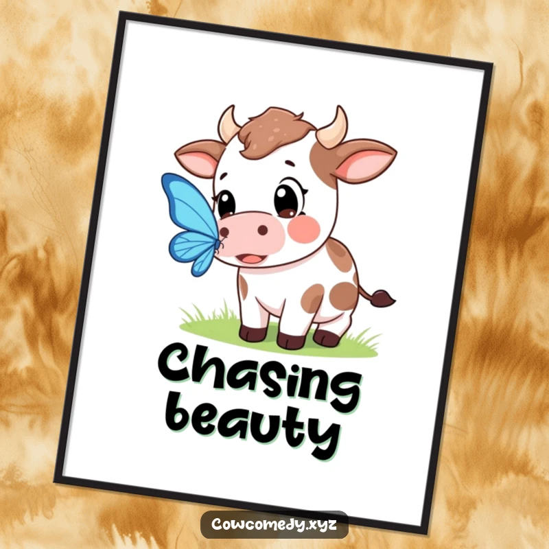 Funny digital art print of a Kawaii cow with wide, hopeful eyes trying to catch a beautiful butterfly in a whimsical scene.