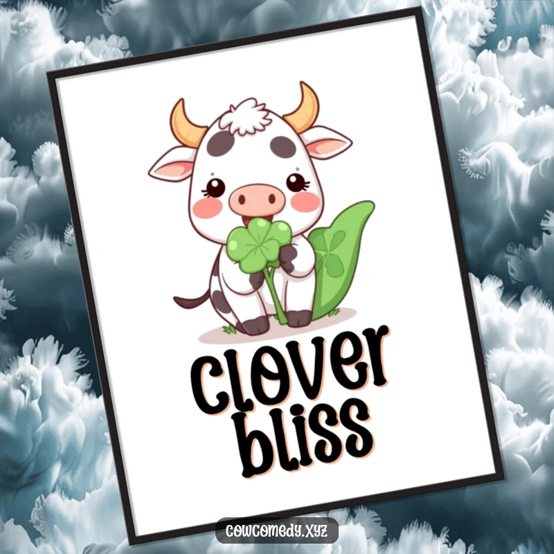 Funny Kawaii Cow Digital Art Print of a cute cartoon cow happily munching on a giant clover, instant lucky decor.