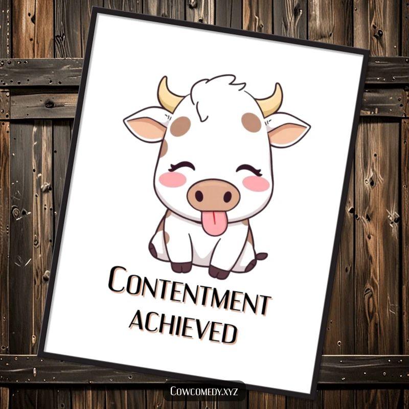 Funny digital art print of a cow with eyes closed, happily chewing, conveying peace and simple contentment.