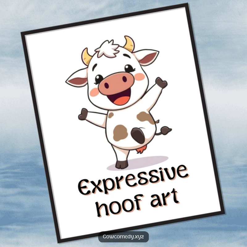 Funny Kawaii Cow Digital Art: Printable art of an excited cow kicking its heels up, bringing instant humor.