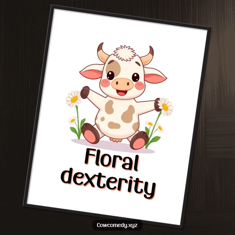 Funny Kawaii Cow Digital Art: Printable art of a cow juggling daisies, ideal for instant whimsical home decor.