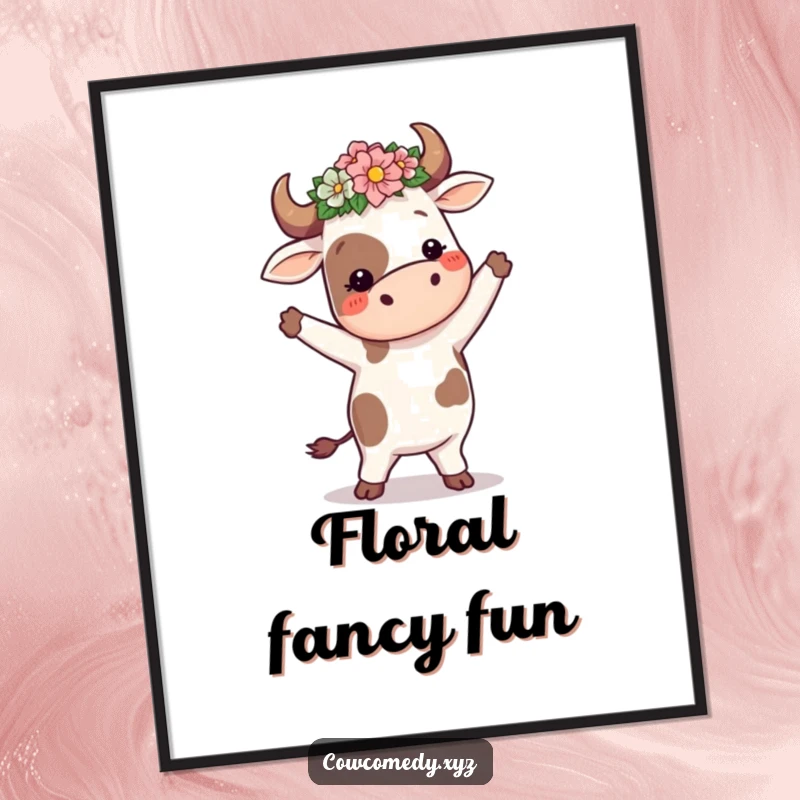 Funny cow wearing a flower crown, doing a silly dance, as a downloadable digital art print, for vibrant, humorous decor.