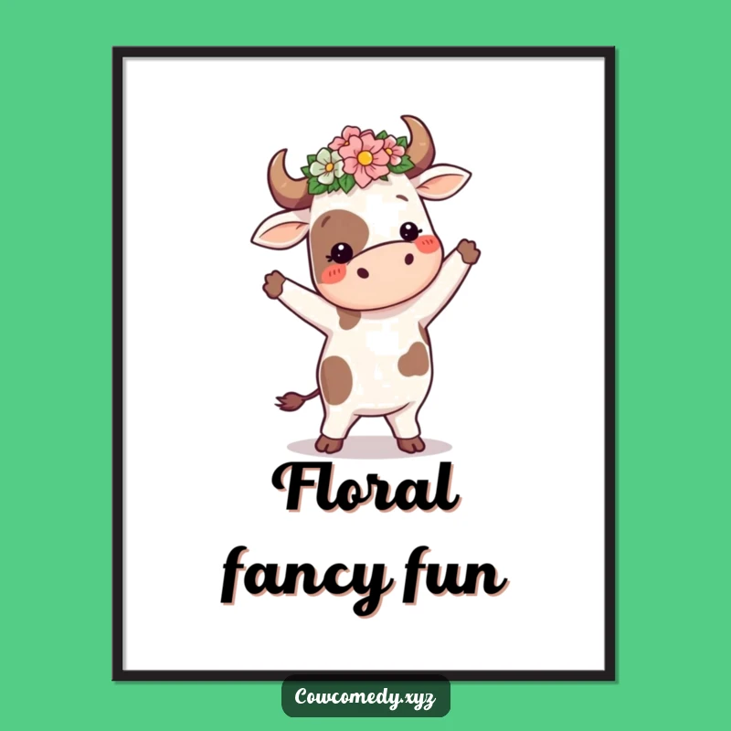 Funny Dancing Cow Digital Art Print: Flower Crown Silly Gift