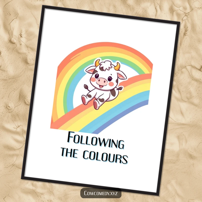 Funny cow digital art print, a happy cow sliding down a rainbow with a smile, conveying pure joy and humor.