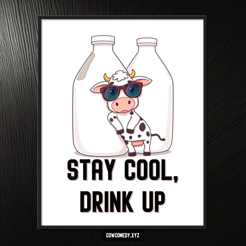 Funny digital art print of a cow wearing sunglasses, casually leaning on a huge milk jug, radiating a cool, laid-back, and stylish aura.