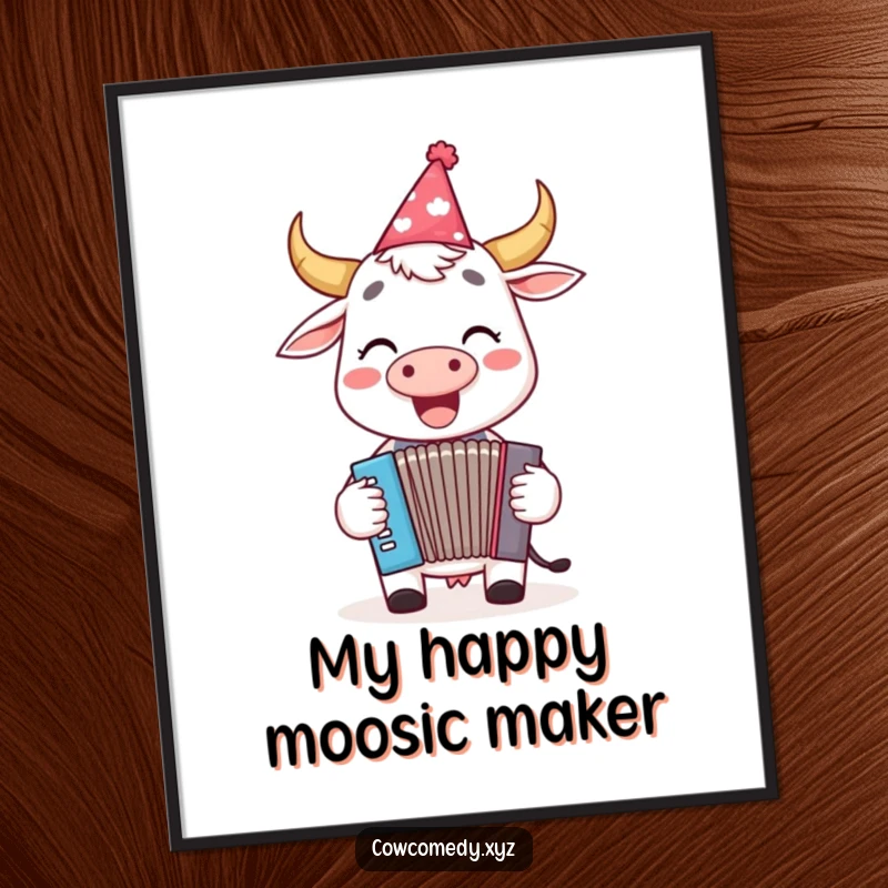 Funny digital art print of a cheerful cow in a party hat, joyfully playing a tiny accordion, perfect for festive decor.