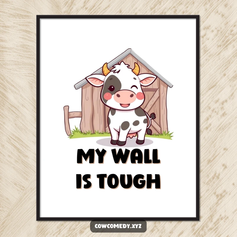 Funny digital art print of a cow playfully bumping its head against a barn, perfect for instant charming decor.