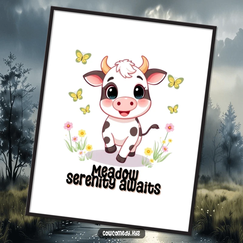 Funny digital art print of a happy cow character gleefully chasing colorful butterflies in a lush, sunlit meadow, perfect for joyful wall decor.