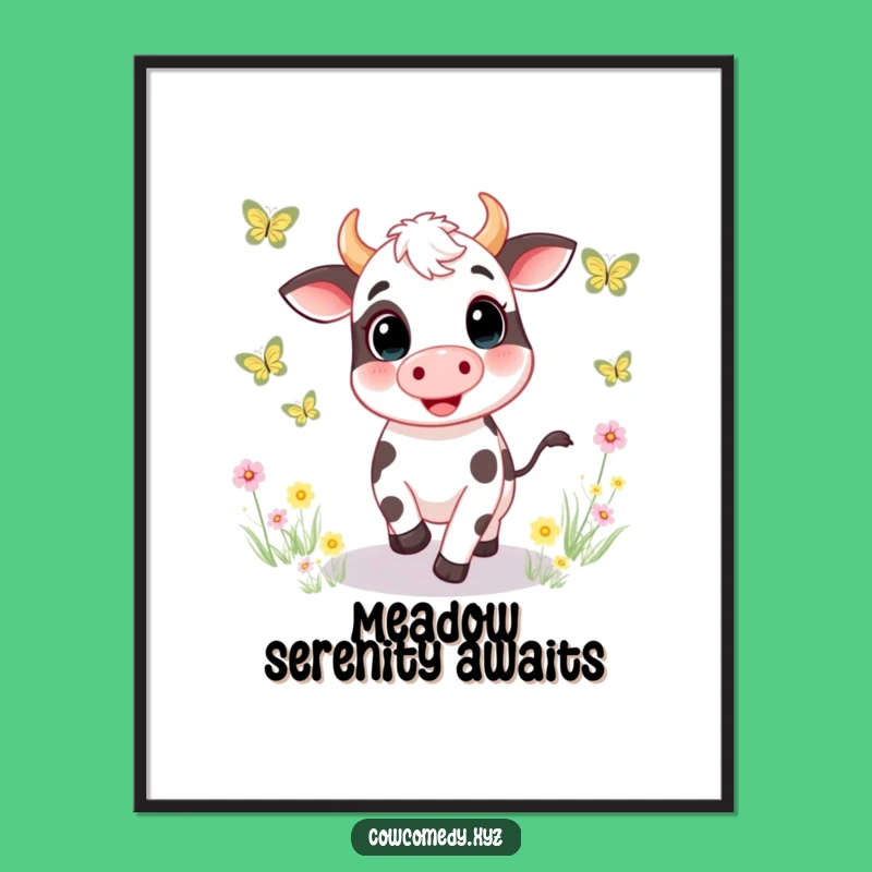 Funny Cow Chasing Butterflies Digital Art. Whimsical Meadow Wall Decor. Instant Funny Gift Download!