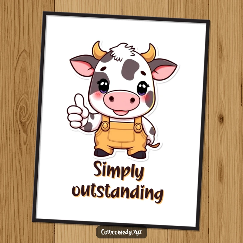 Funny digital art print of a cow in overalls giving a thumbs up, symbolizing hard work and positive farm energy.
