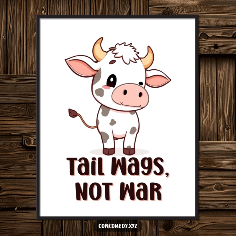 Funny digital art print of a cartoon cow with an oversized tail wave, ideal for humorous wall decor.