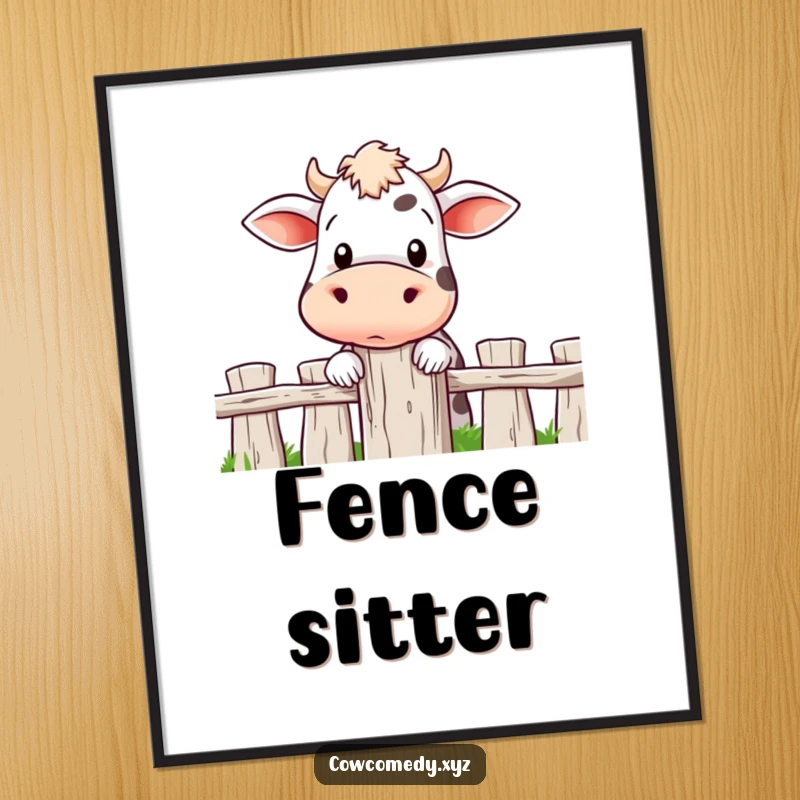 Funny digital art print of a cow with wide, curious eyes peeking over a fence post, capturing a moment of gentle intrigue.