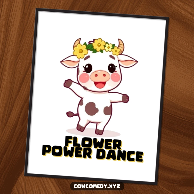 Funny digital art print of a cow adorned with a flower crown, captured mid-dance with pure, unadulterated joy.