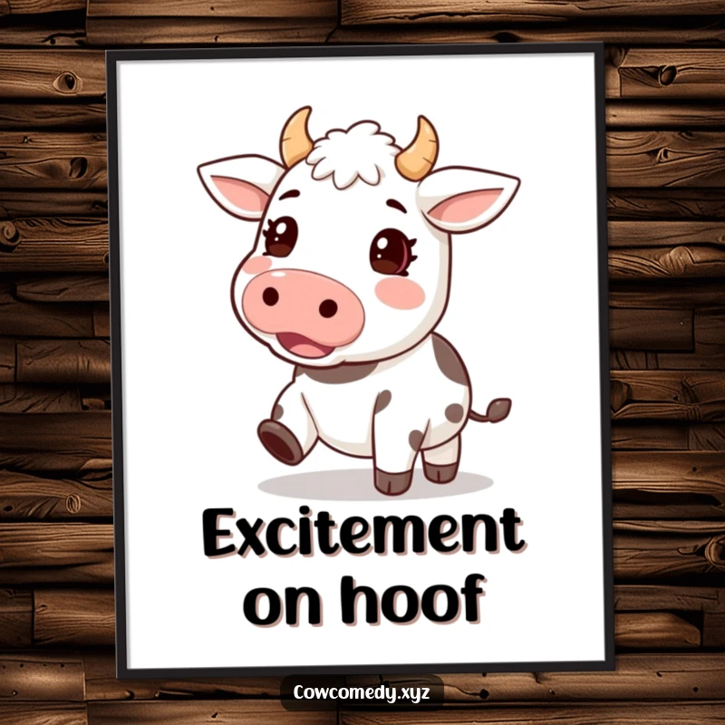 Funny digital art print of a kawaii cow character with hooves tapping an excited rhythm, radiating pure joy and infectious energy.