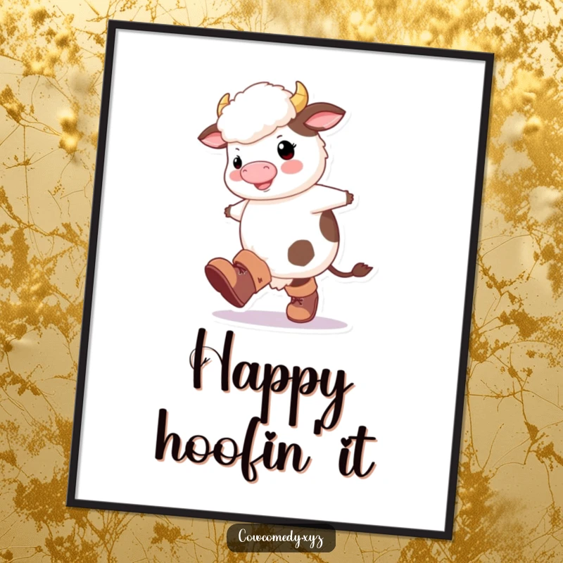 Funny Fluffy Cow Digital Art Print: A fluffy cow with oversized boots, happily kicking its legs with pure delight.